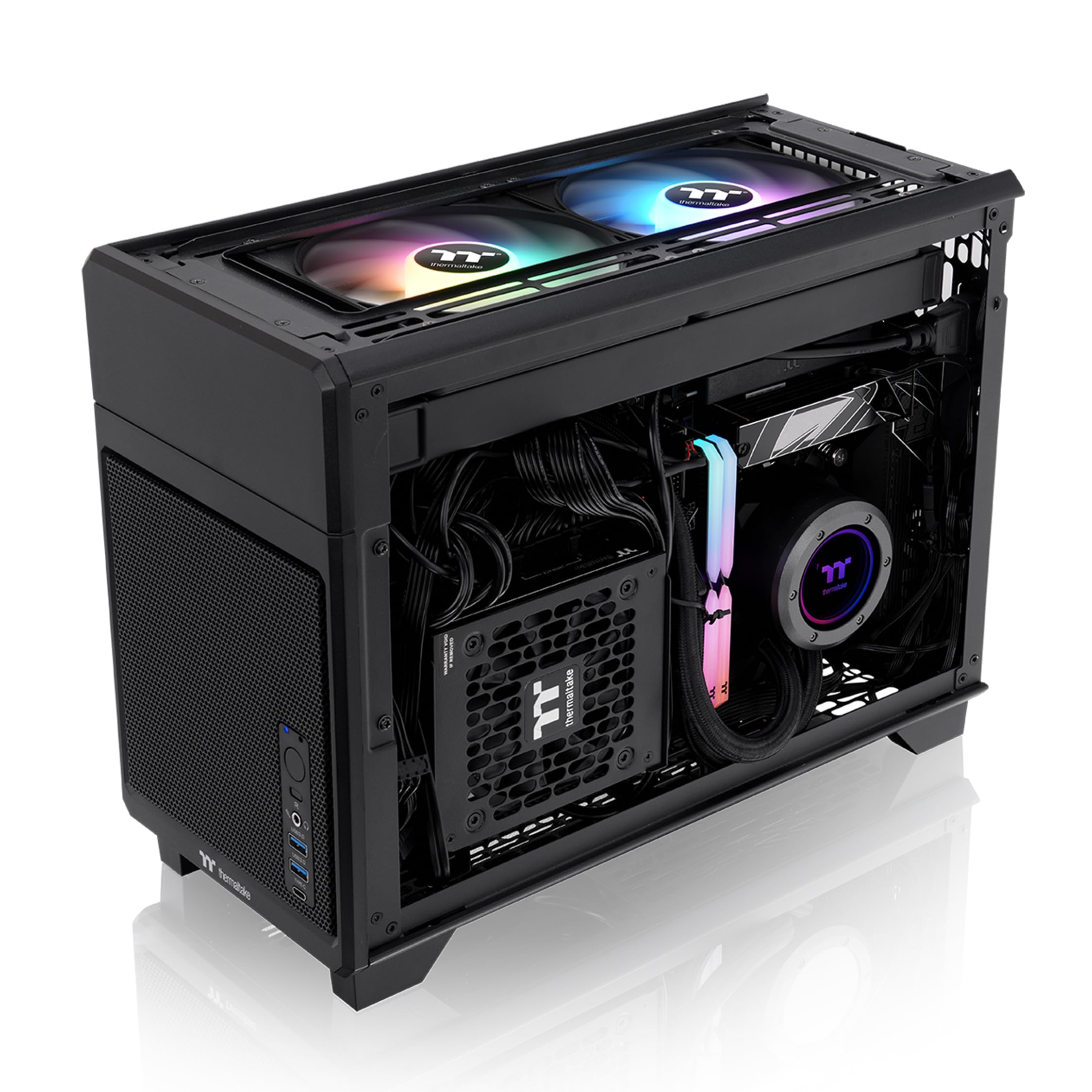 Thermaltake TR100 SFF Chassis; mITX Support; 18.9 Liters; PCIe 4.0 Riser Cable Included; 360mm GPU Clearance; 280mm Radiator Support; Removable PCIe Bracket; Black; CA-11A-00S1NN-00 - Image 4