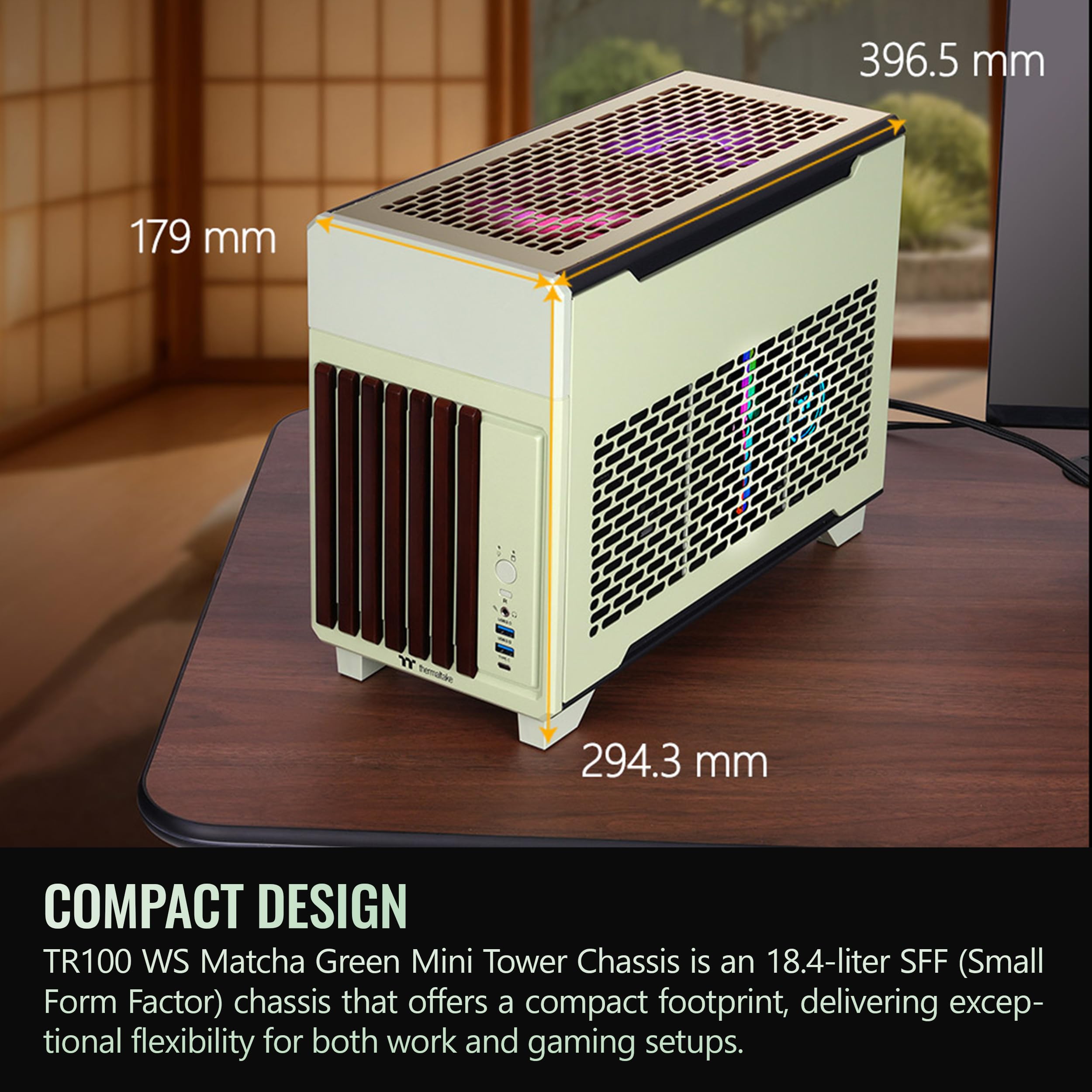Thermaltake TR100 WS; Wood Front Trim; mITX Support; 18.9 Liters; PCIe 4.0 Riser Cable Included; 360mm GPU Clearance; 280mm Radiator Support; Removable PCIe Bracket; Matcha Green; CA-11A-00SENN-WS - Image 3